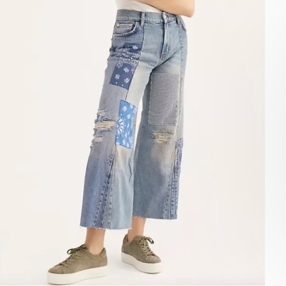 Free People Heart Of Gold Jeans Patchwork Wide Leg Cropped Size 26